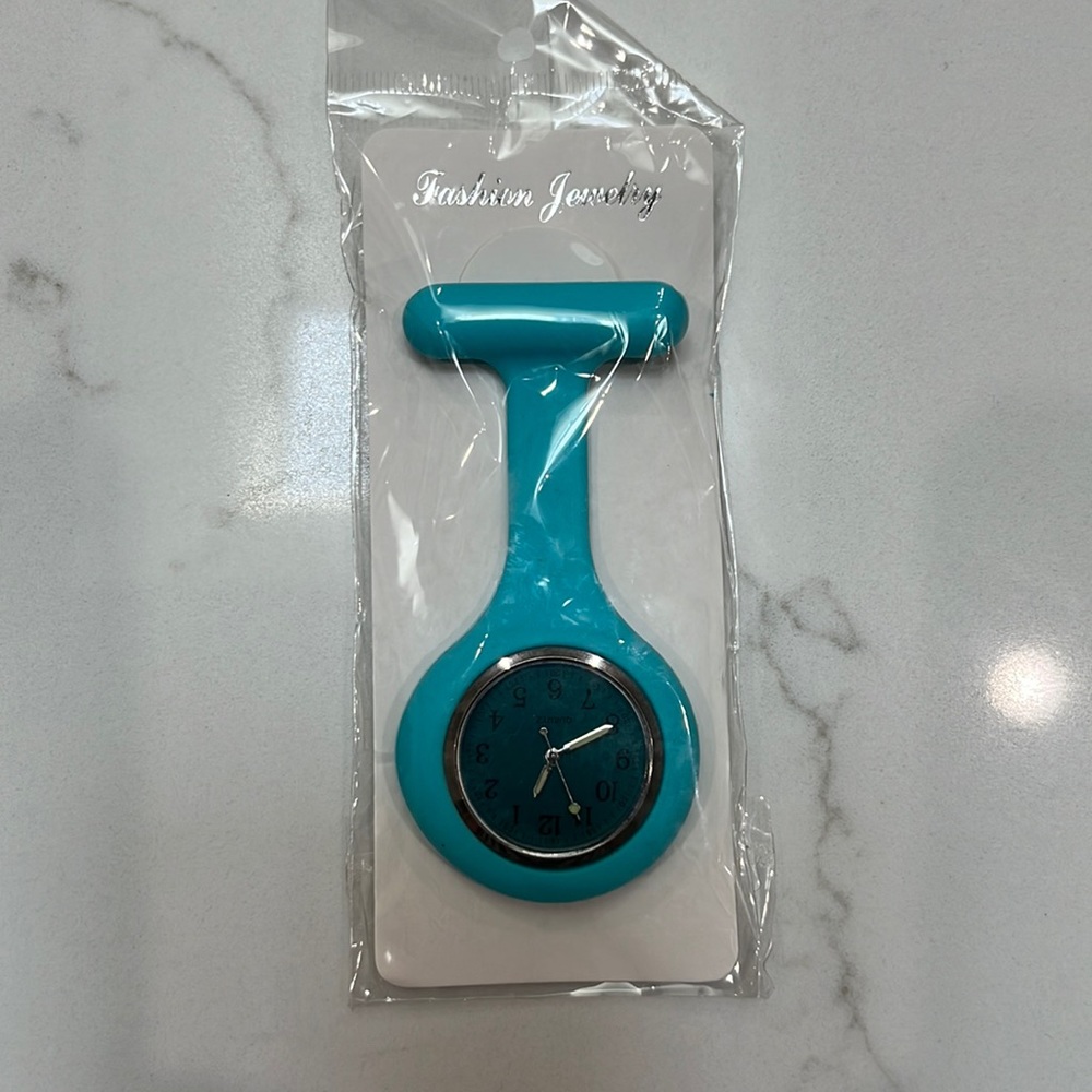 NWT hanging pendant watch, turquoise, can pin to uniform, backpack, etc.